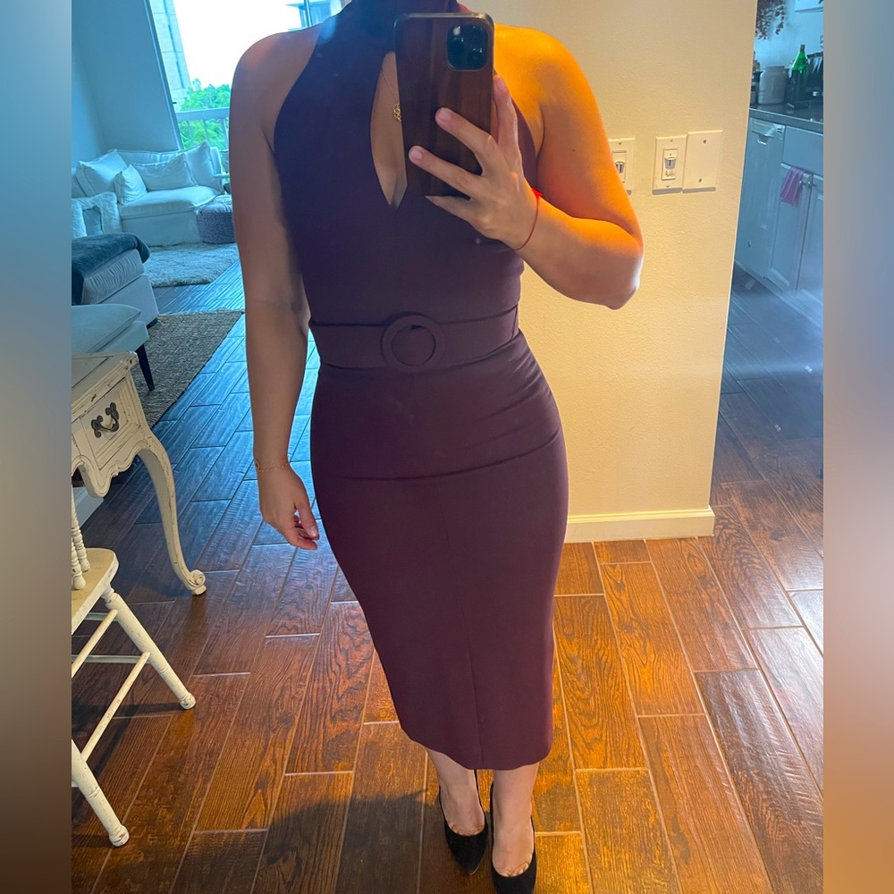 Beautiful deep plum Cinq a sept belted midi dress with back slit. Size 0.